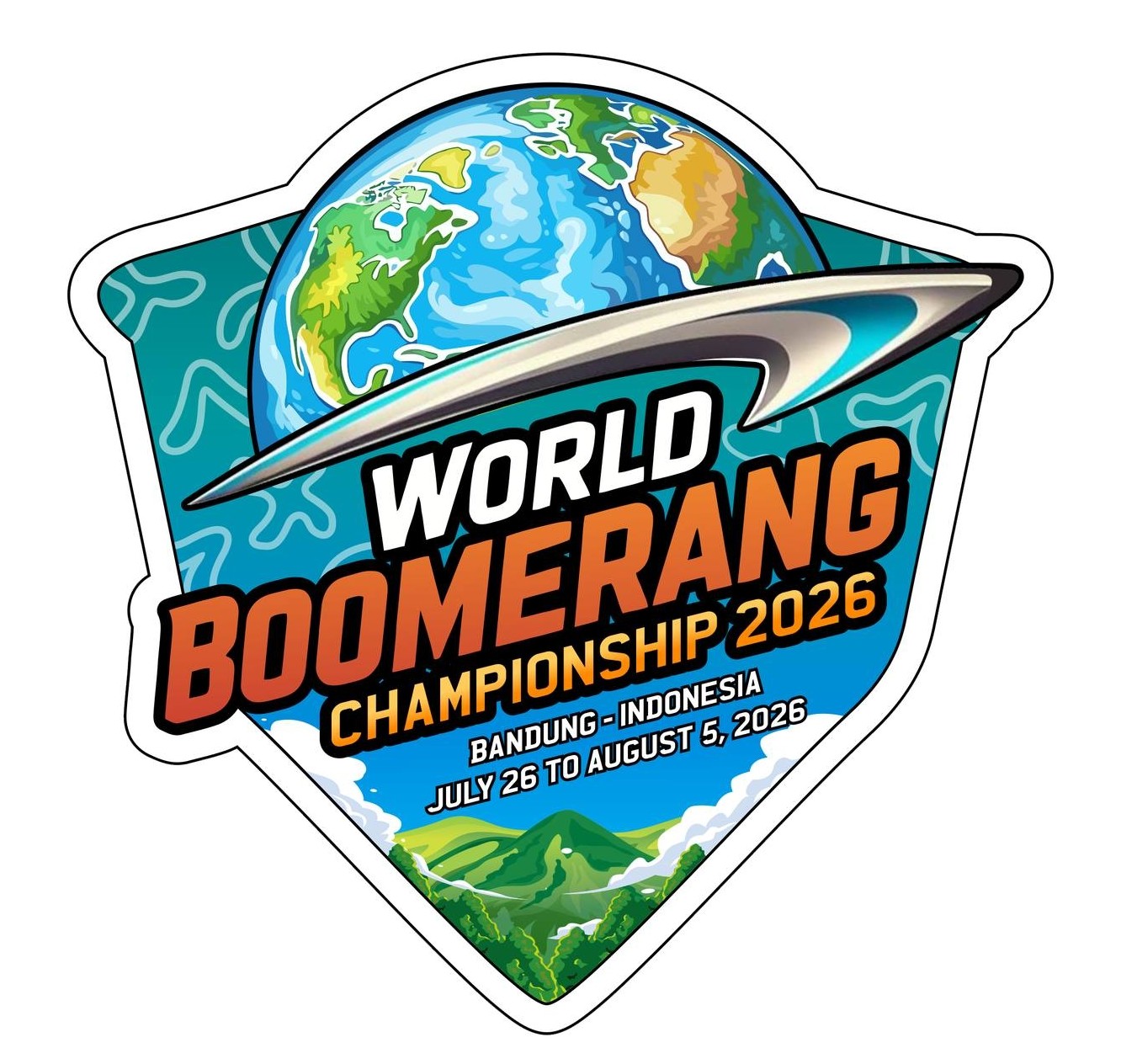 Logo for the World Boomerang Championship 2026 in Bandung, Indonesia, featuring a boomerang flying over a globe and wave-like patterns, with event dates July 26 to August 5, 2026.